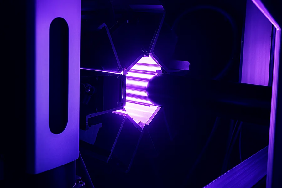Parts curing under UV lamps inside a curing chamber