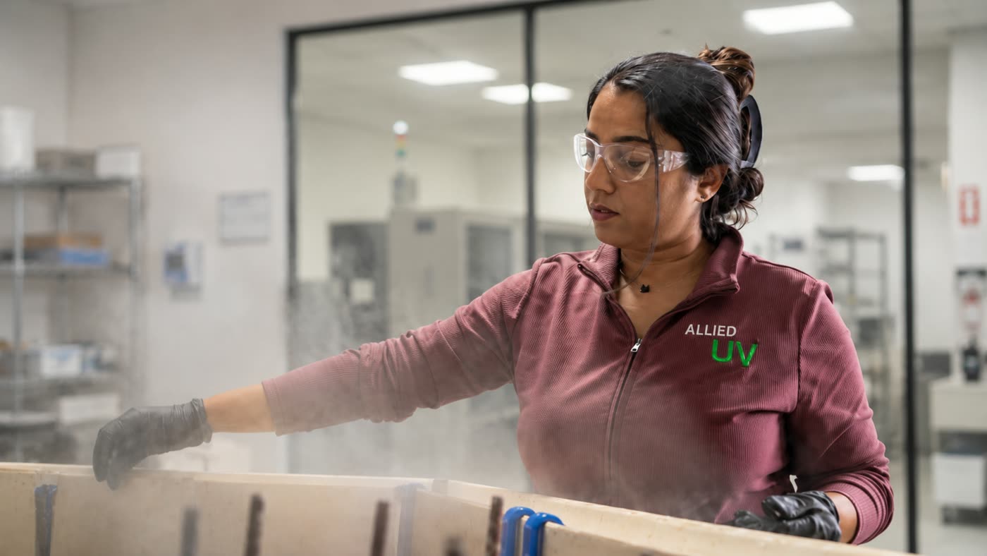 Allied UV lab technician working at the open salt fog corrosion test chamber